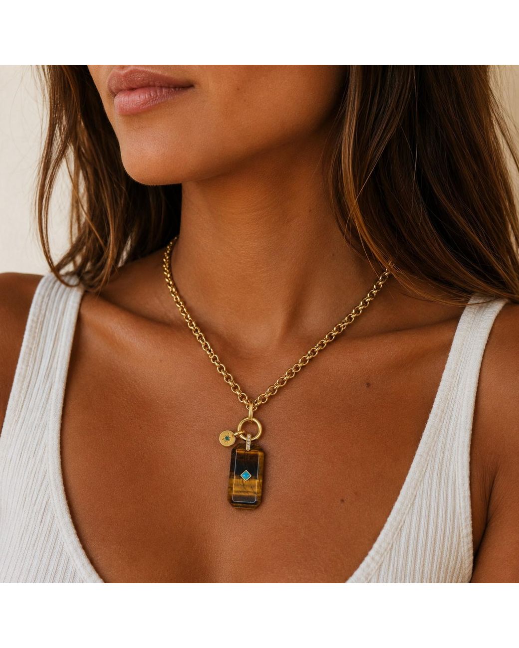 Persia Dona Jewelry Metallic Tigers Eye X Vintage Chain Necklace