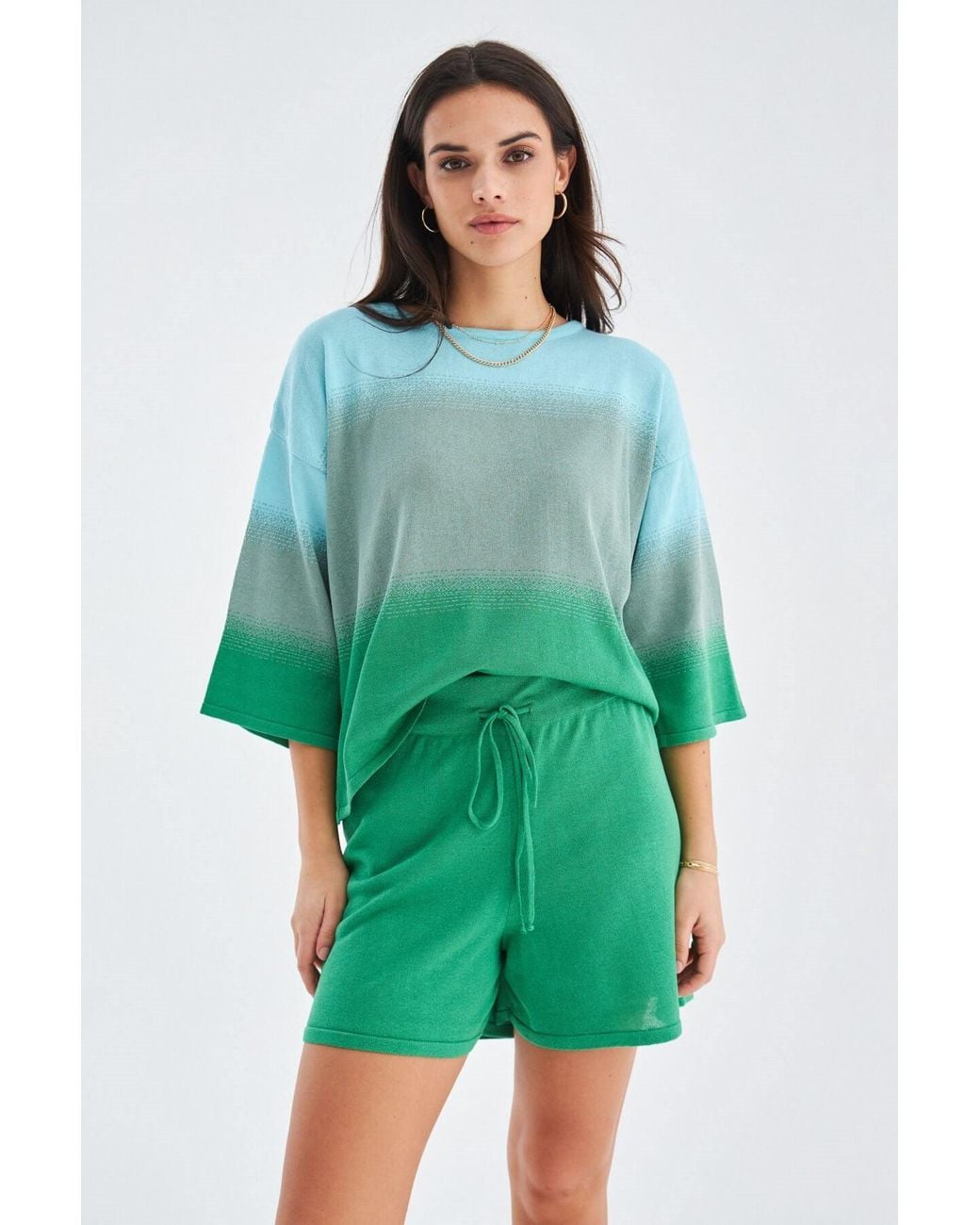 Peraluna Green Siri Knitted Blouse & Shorts Matching Set
