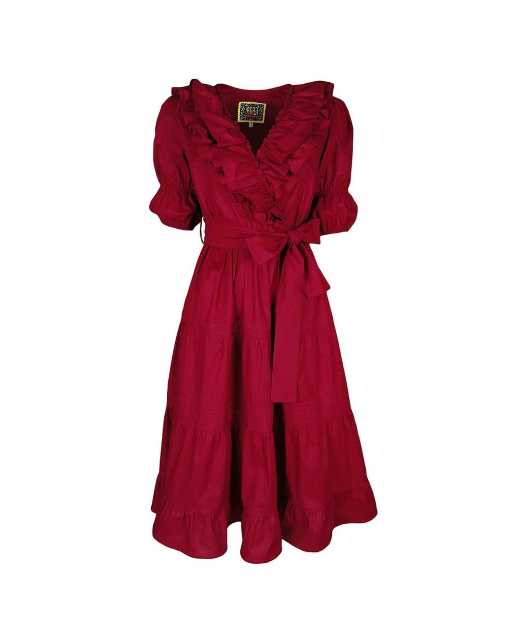 Lalipop Design Dark Cherry Red Double-breasted V-neck Cotton Dress With Ruffles