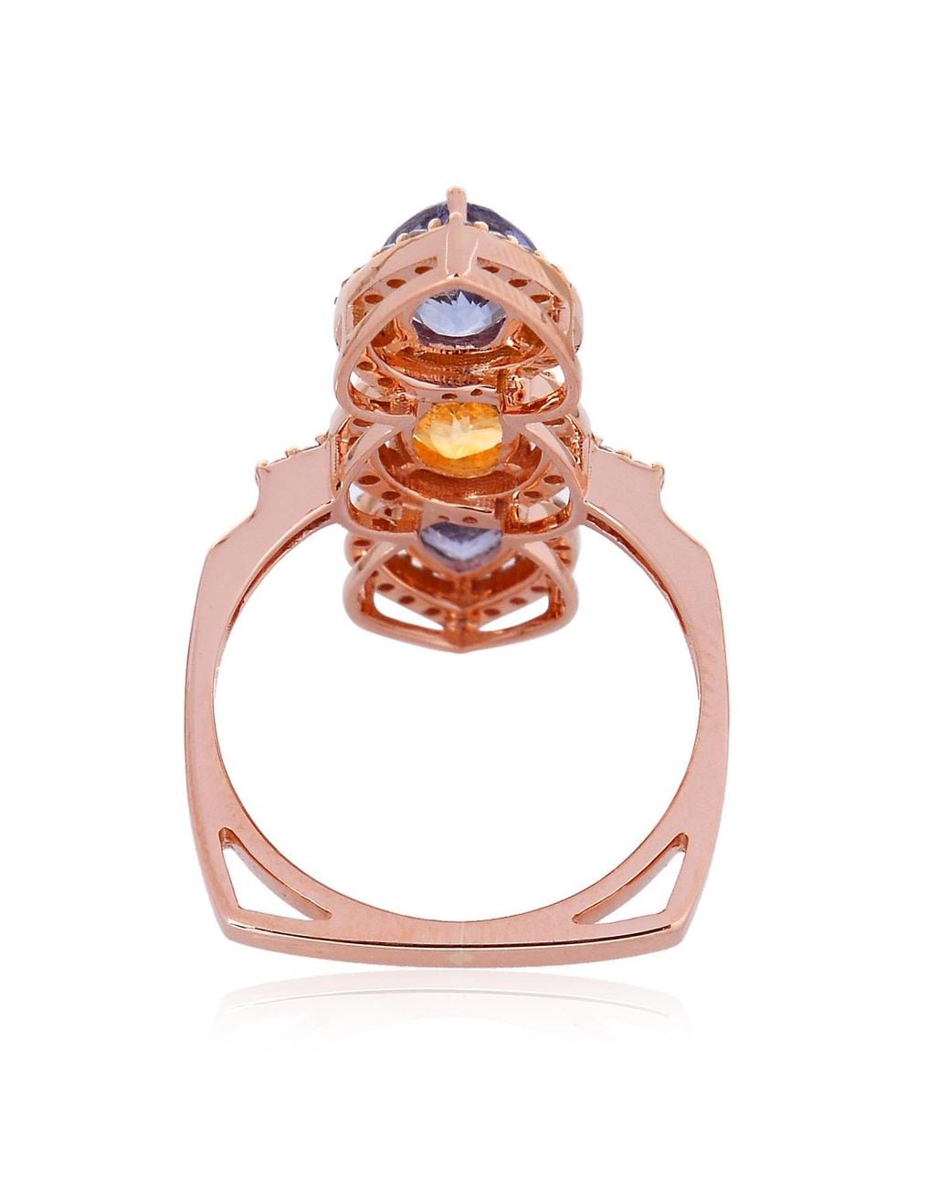 Artisan Multicolor Rose Gold Genuine Diamond Sapphire Cocktail Ring Handmade