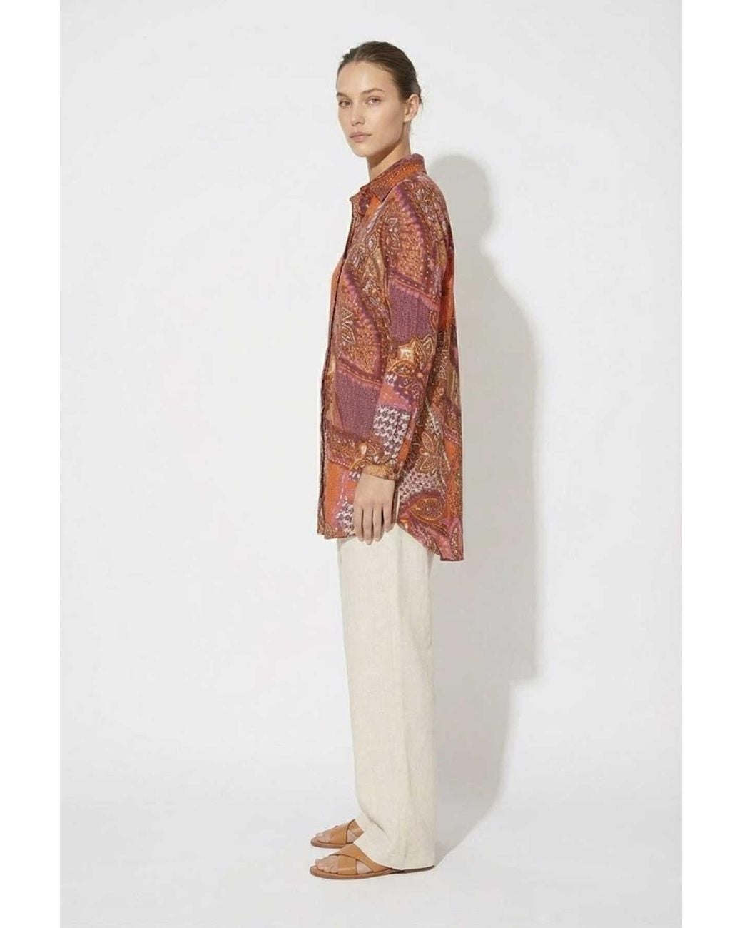 Conquista Red Printed Longline Shirt With Paisley Pattern