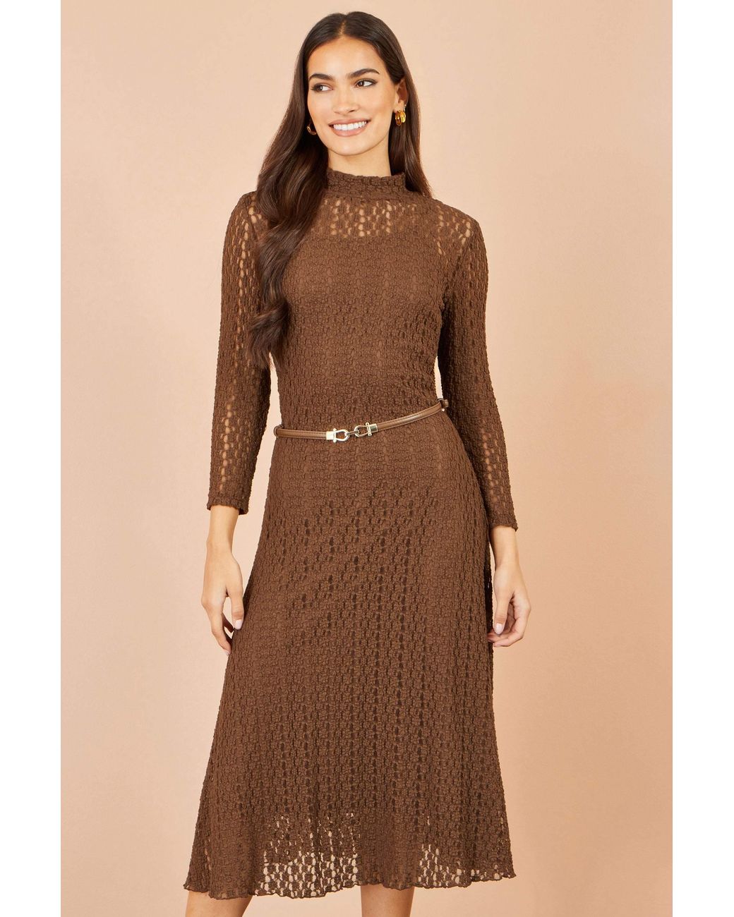 Yumi' Brown High Neck Lace Midi Dress