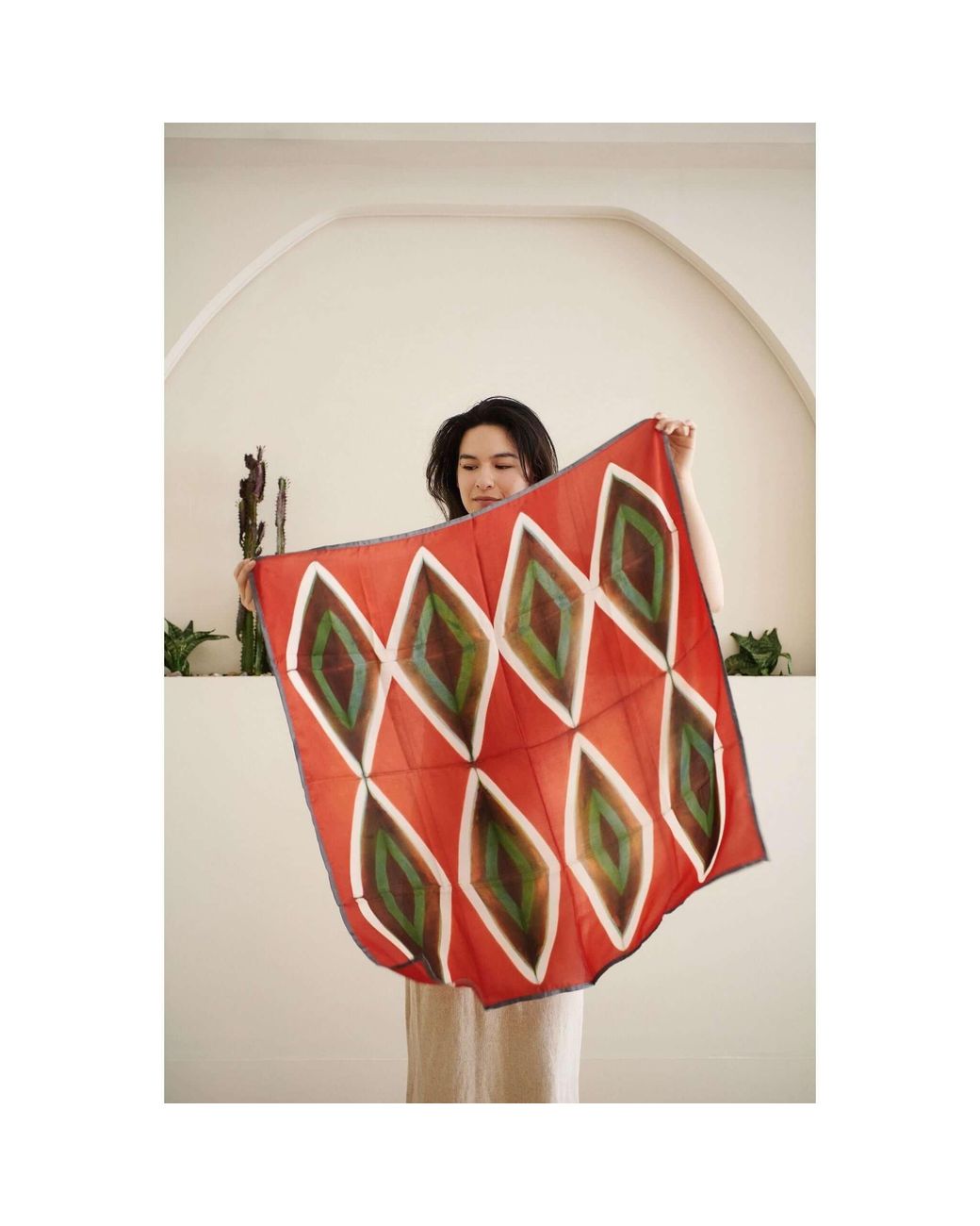 Variously Red Fawn Geometrical Print Shibori Square Silk Scarf