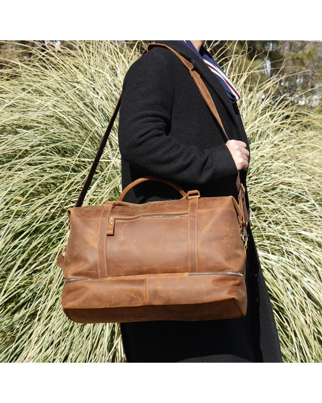 Touri Brown Leather Weekend Bag With Suit Compartment for men
