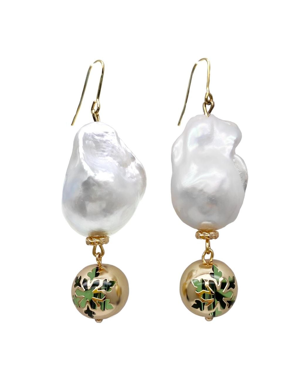 Farra White Christmas Style Baroque Pearls With Snowflake Ball Dangle Earrings