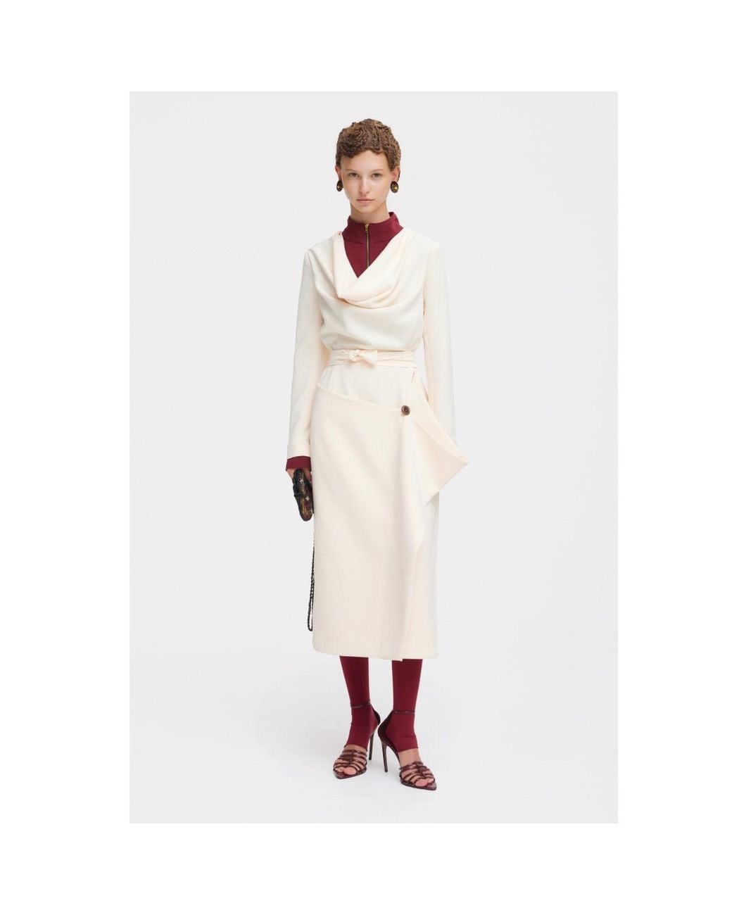 Julia Allert Natural Neutrals Two-Tone Asymmetric Draped High-Neck Midi Dress – Ivory