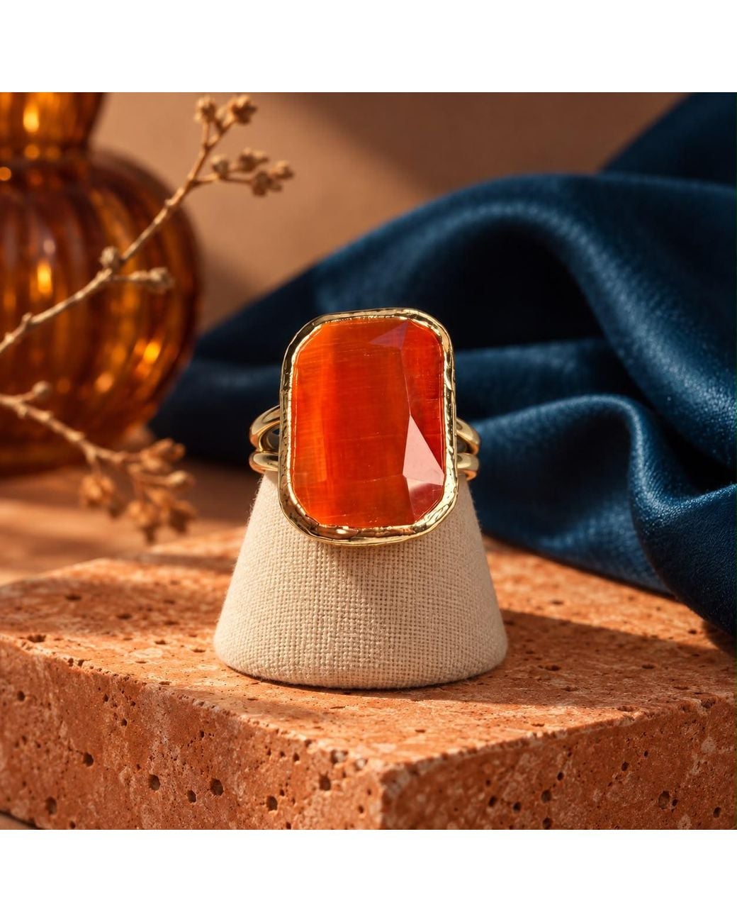 By Ozge Orange Positive Energy Carnelian Natural Stone Plated Statement Ring