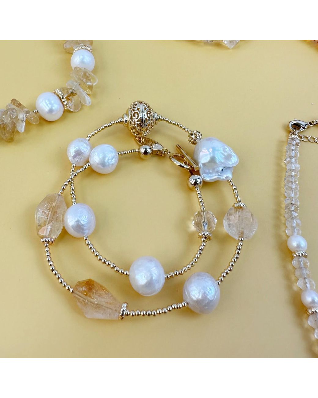 Farra Metallic Citrine With Freshwater Pearls Double Wrapped Bracelet
