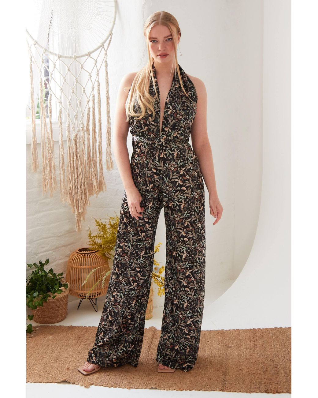 Sarvin Multicolor Floral Velvet Backless Jumpsuit