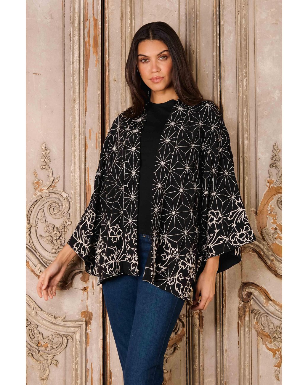 Artemis Muse Black Asanoha & Peony Embroidered & Ivory Fully Lined Short Kimono