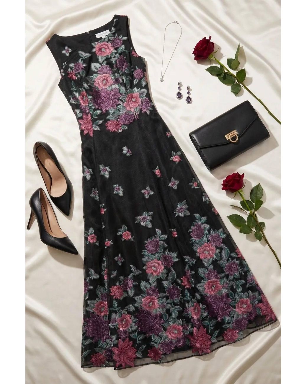 Luna Fashion House Black Cyclamen Floral Maxi Dress, Rina