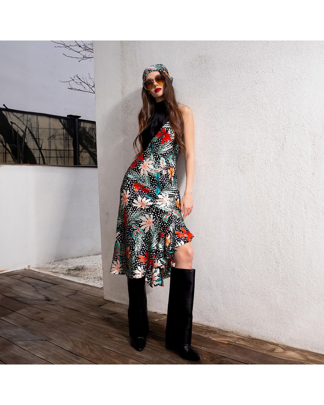 Solgo Atelier Blue Yera Sleevless Floral Printed Silk Midi Dress With Contrasting Gathered Mock Neck And Stylized Side Ruffle Slit
