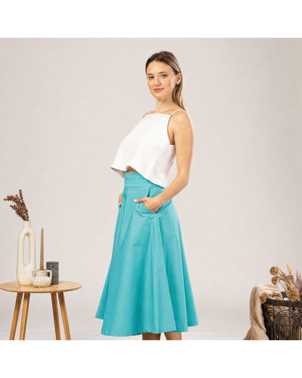 Nikka Place Blue Summer Cotton Midi Skirt With Pockets