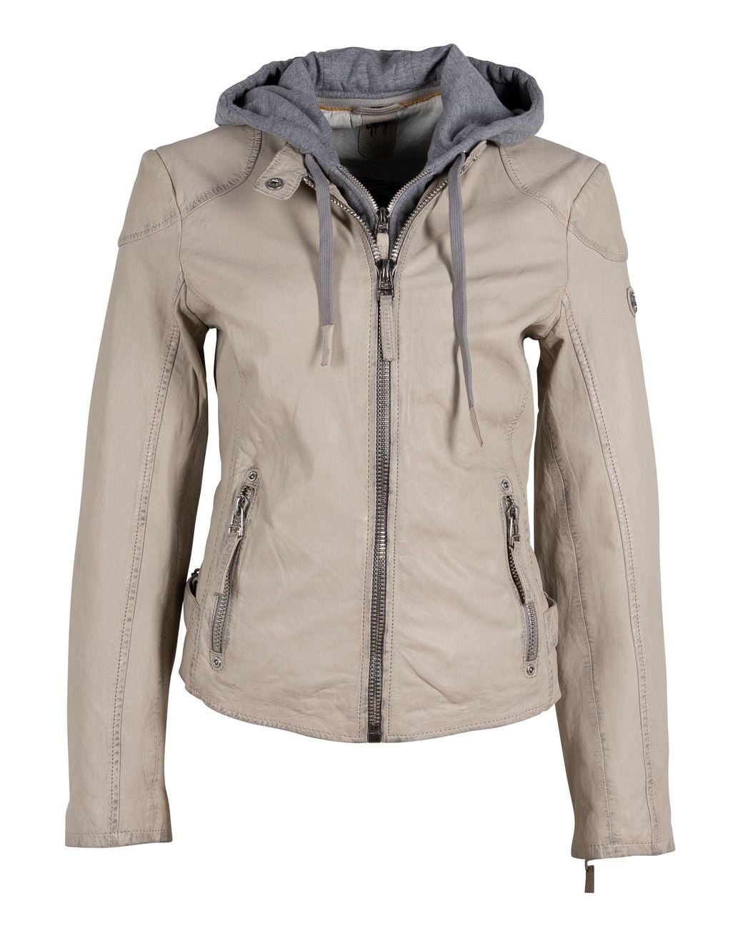 Mauritius Gray Neutrals Leather Moto Jacket Removable Hood Finja Light