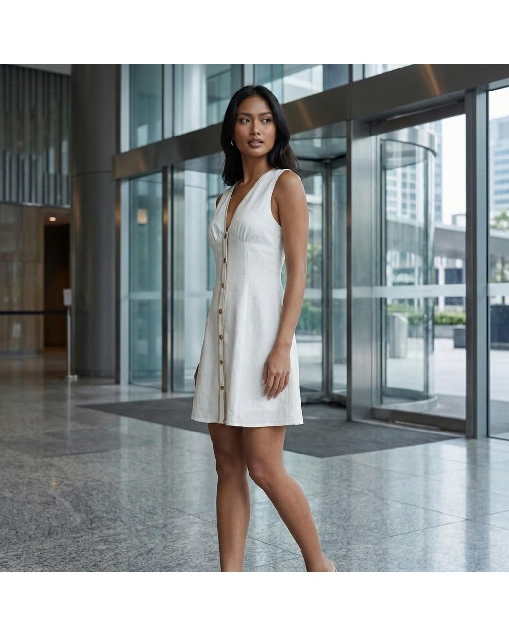 Modenaire White Contrast Trim Mini Dress Button Front