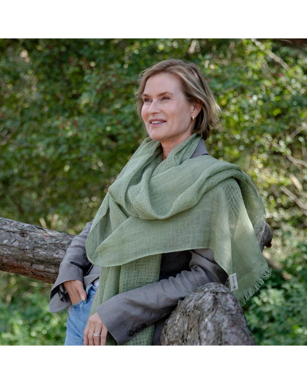Heritagemoda Green Neutrals Handmade Light Khaki Linen Scarf