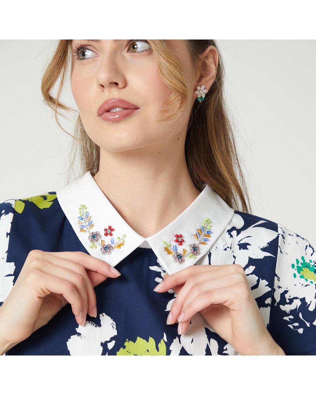 Lalipop Design Blue A-Line Mini Dress With Bead Embroidered Collar