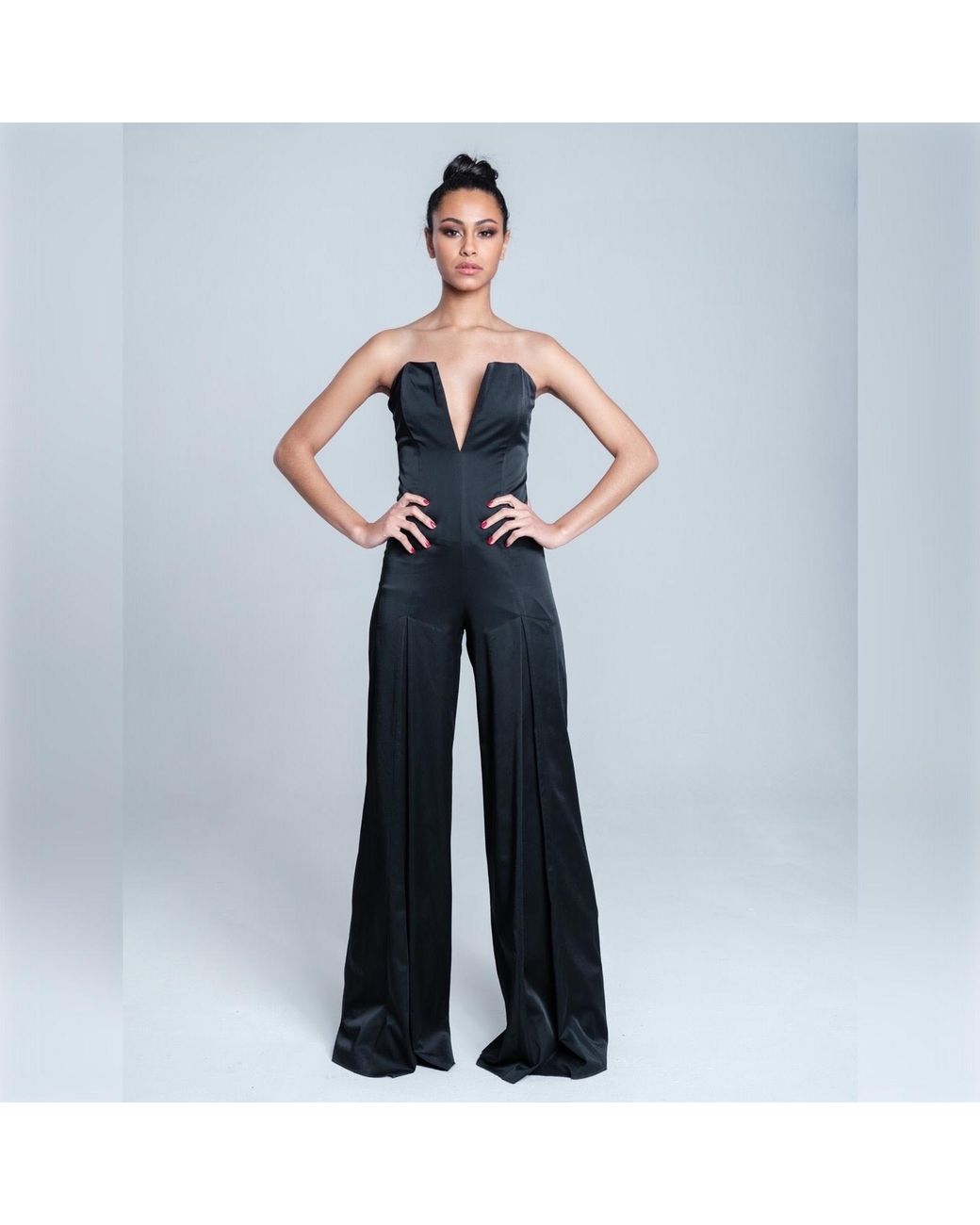 Imaatu Black Scarface Jumpsuit Sculpting Satin Corset Extreme V-Neckline Wide Leg Trousers Tie