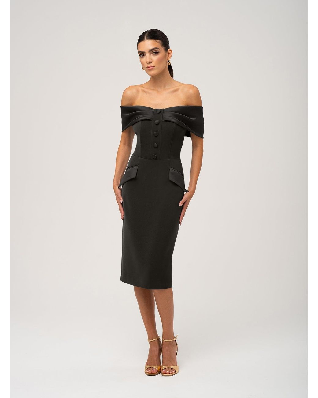 Tia Dorraine Black Steel Confidence Off-Shoulder Midi Dress