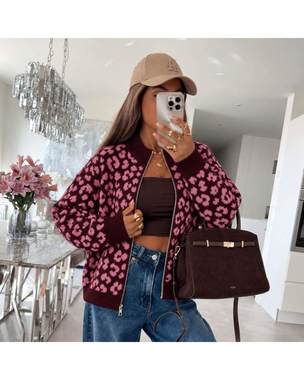 LAtelier London Red Burgundy Floral Knit Cardigan With Ribbed Trims