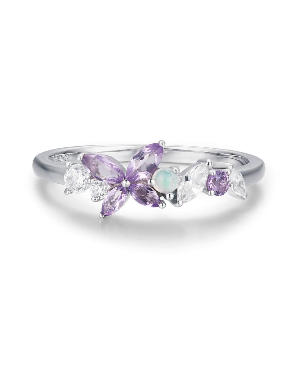 Azura Jewelry New York White Monarch Butterfly Amethyst Opal Ring Solid