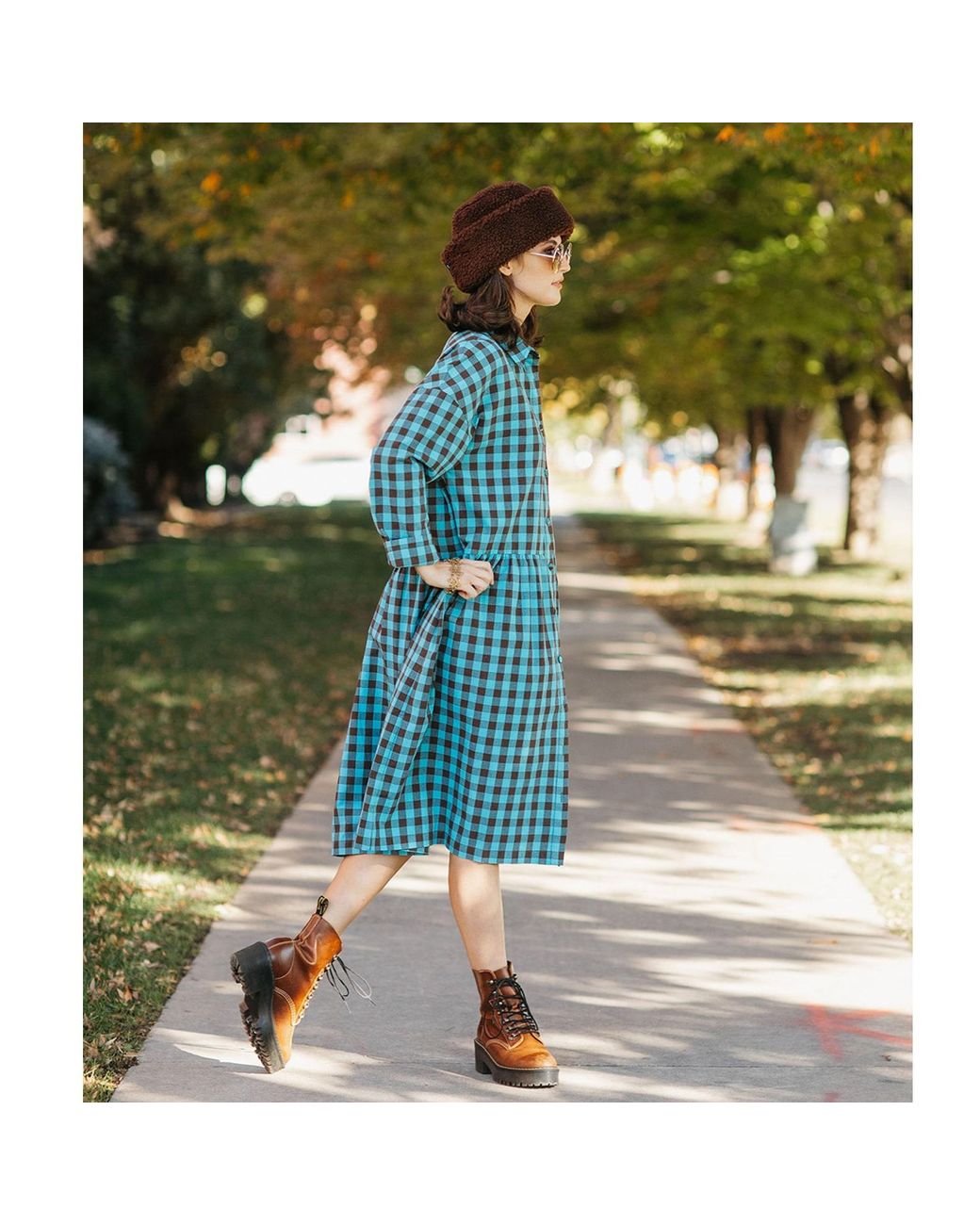 Zenzee Blue Cotton Linen Gingham Shirt Dress