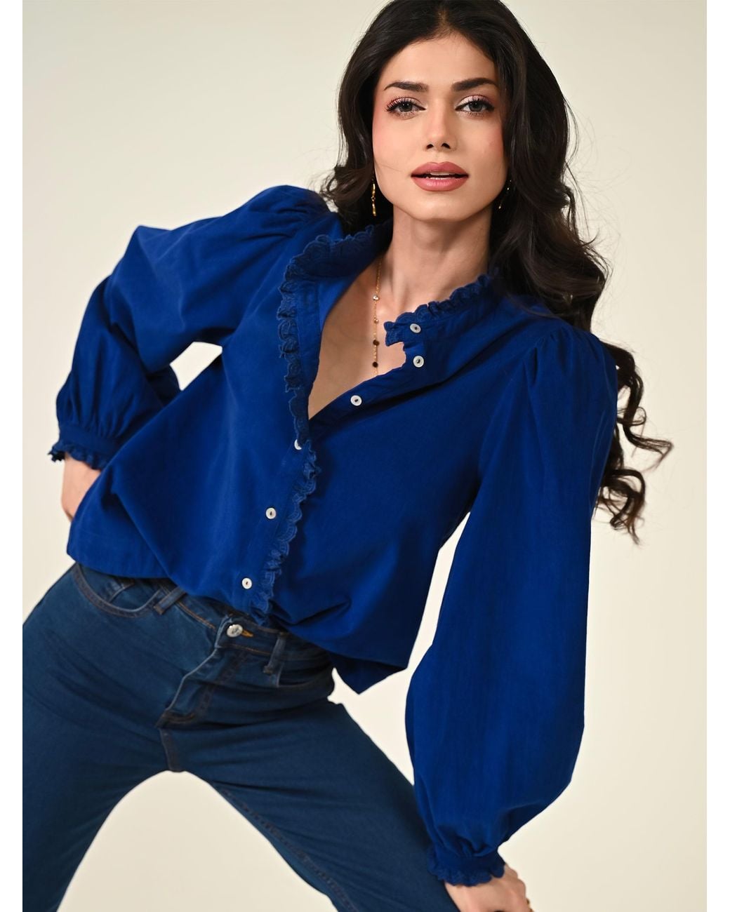 Rose & Nancy Blue Nerys Cord Embroidered Frill Blouse