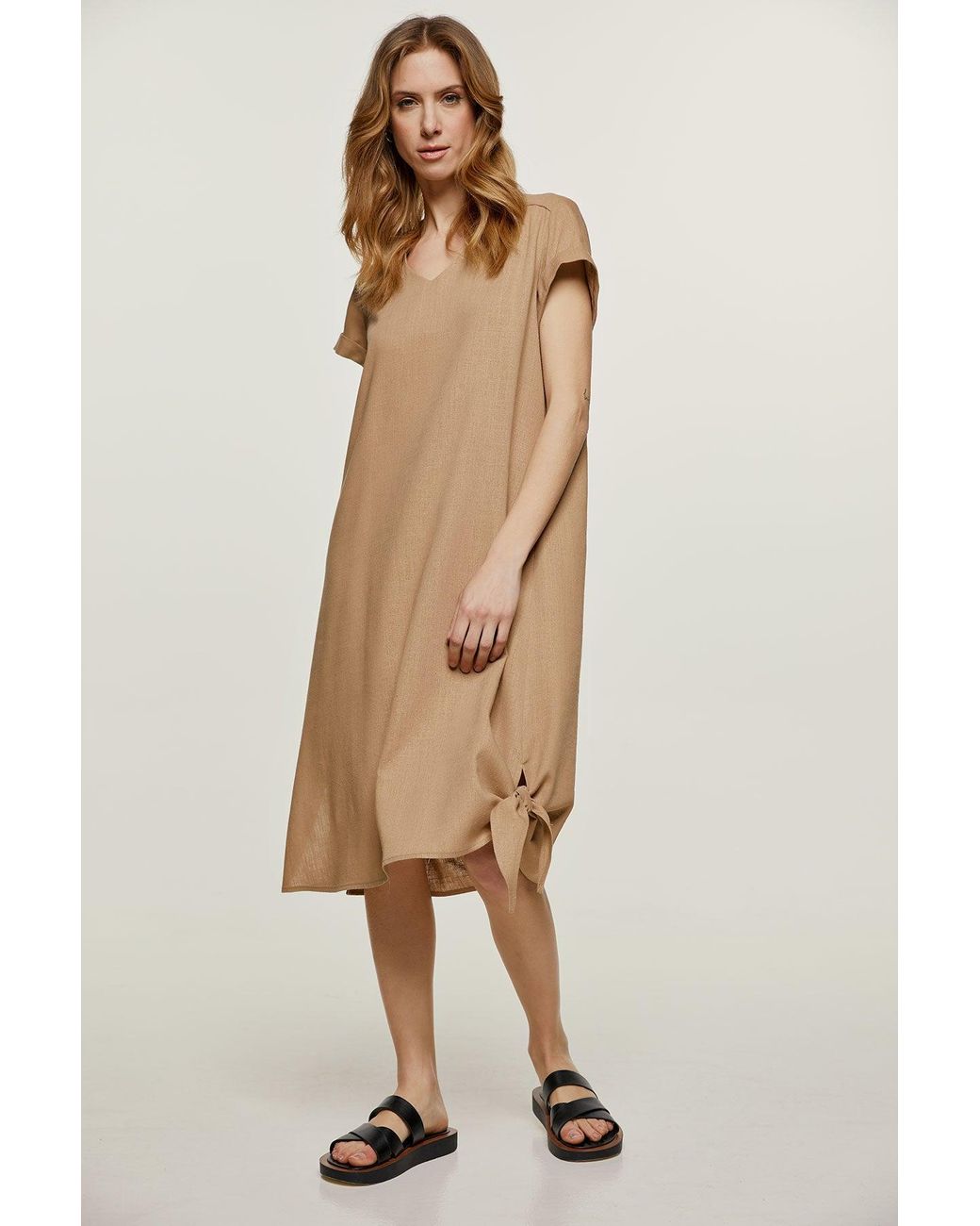 Conquista Natural Neutrals Midi Dress With Tie Detail