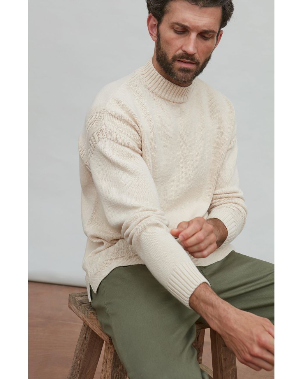 Paul James Knitwear Natural Neutrals Midweight Cotton Linen Sark Mock Neck Gansey Jumper for men