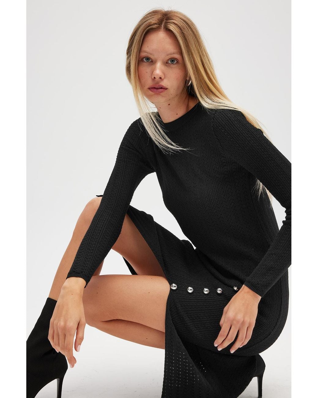 Peraluna Black Zaira Minimal Cable Knit Slit Midi Dress