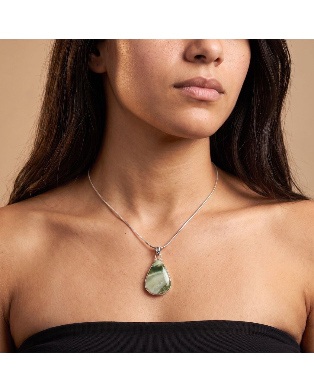 Saéa Green Sage And Cream Serpentine Teardrop Pendant Necklace On Leather Cord