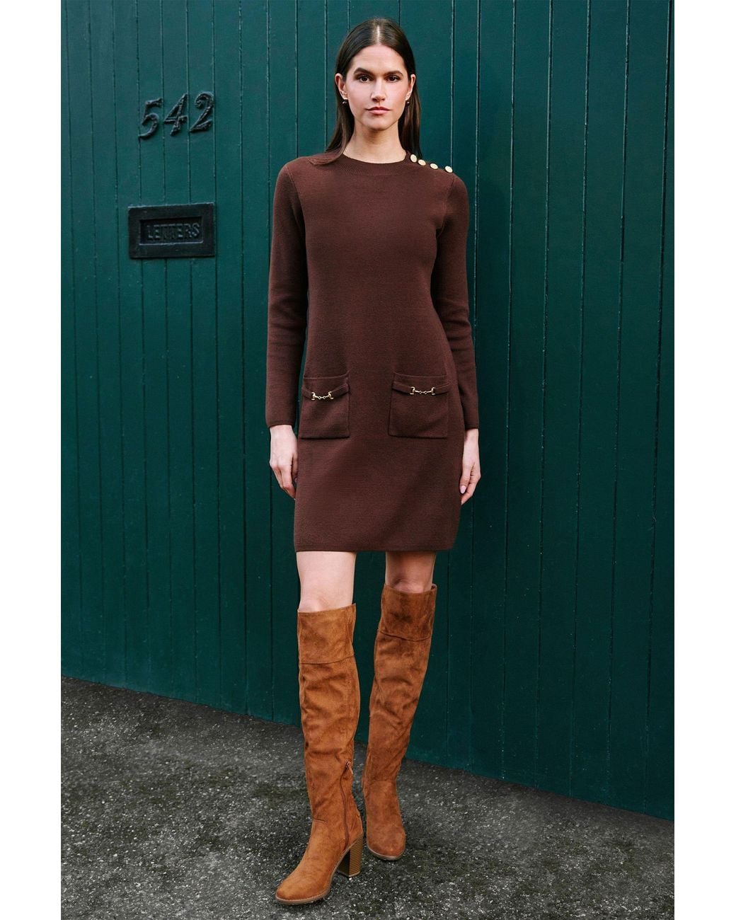 Yumi' Brown Knitted Tunic Dress With Hardware Details