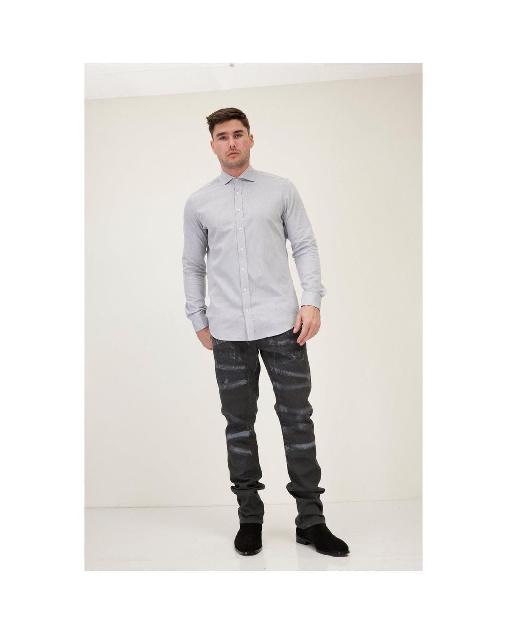 Ron Tomson Gray Pure Cotton Spread Collar Fitted Dress Shirt for men