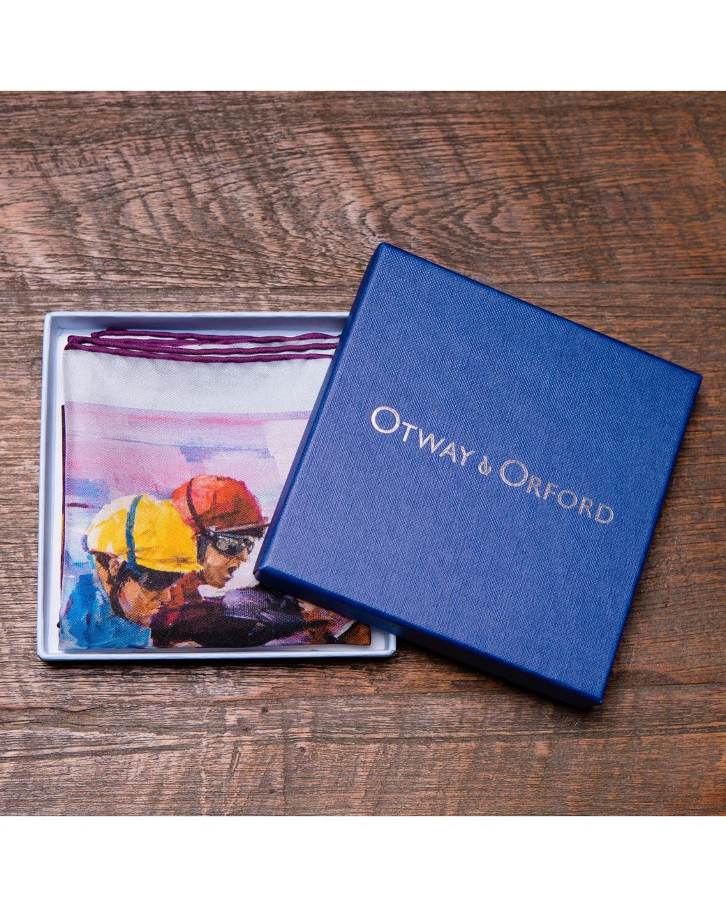 Otway & Orford Blue 'Neck And Neck' Horse Racing Silk Pocket Square. Medium-Size for men