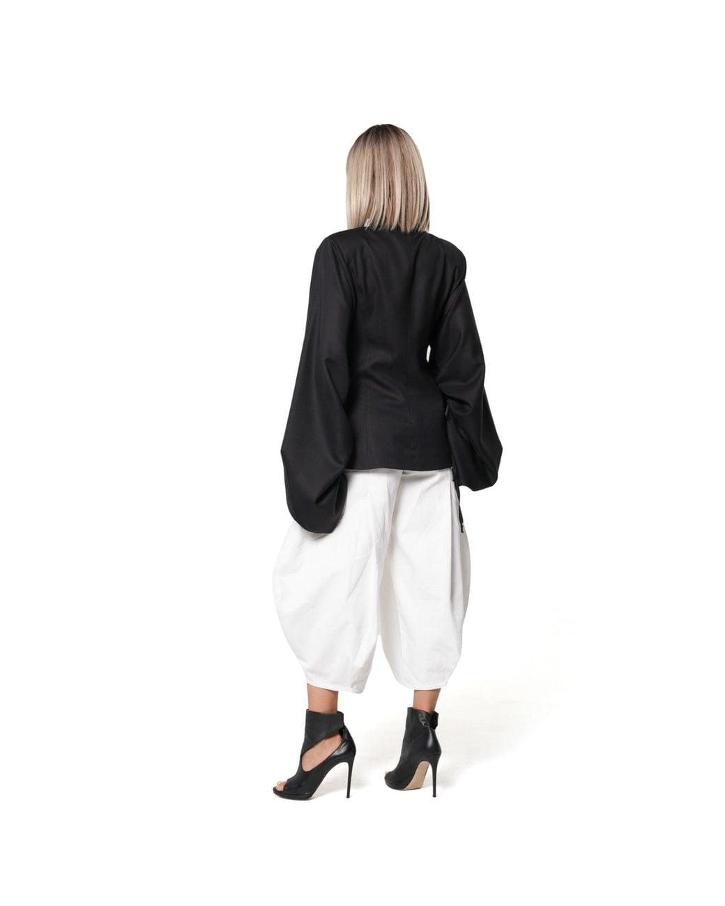 Metamorph Black Wool Wrap Blouse With Statement Sleeves