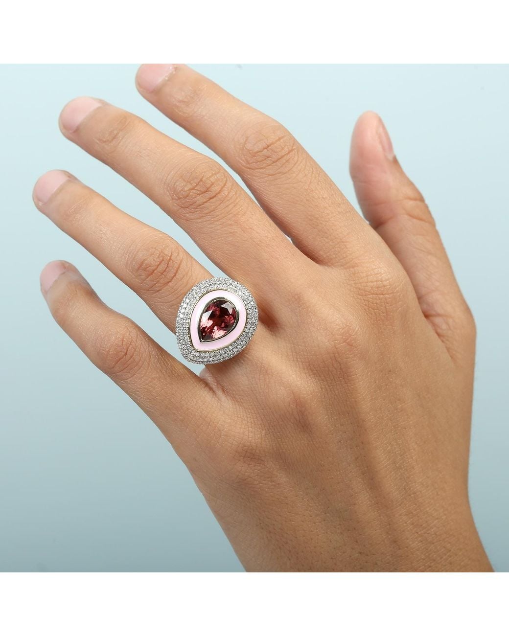 Artisan Metallic Pear Tourmaline & Diamond Enamel Halo Ring