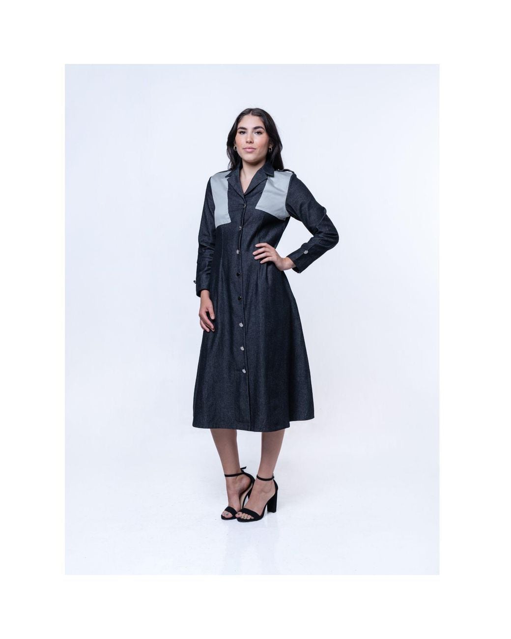 House of Gl Blue Hematite Dark Wash Denim A-Line Midi Shirt Dress With Contrast Cotton Panels