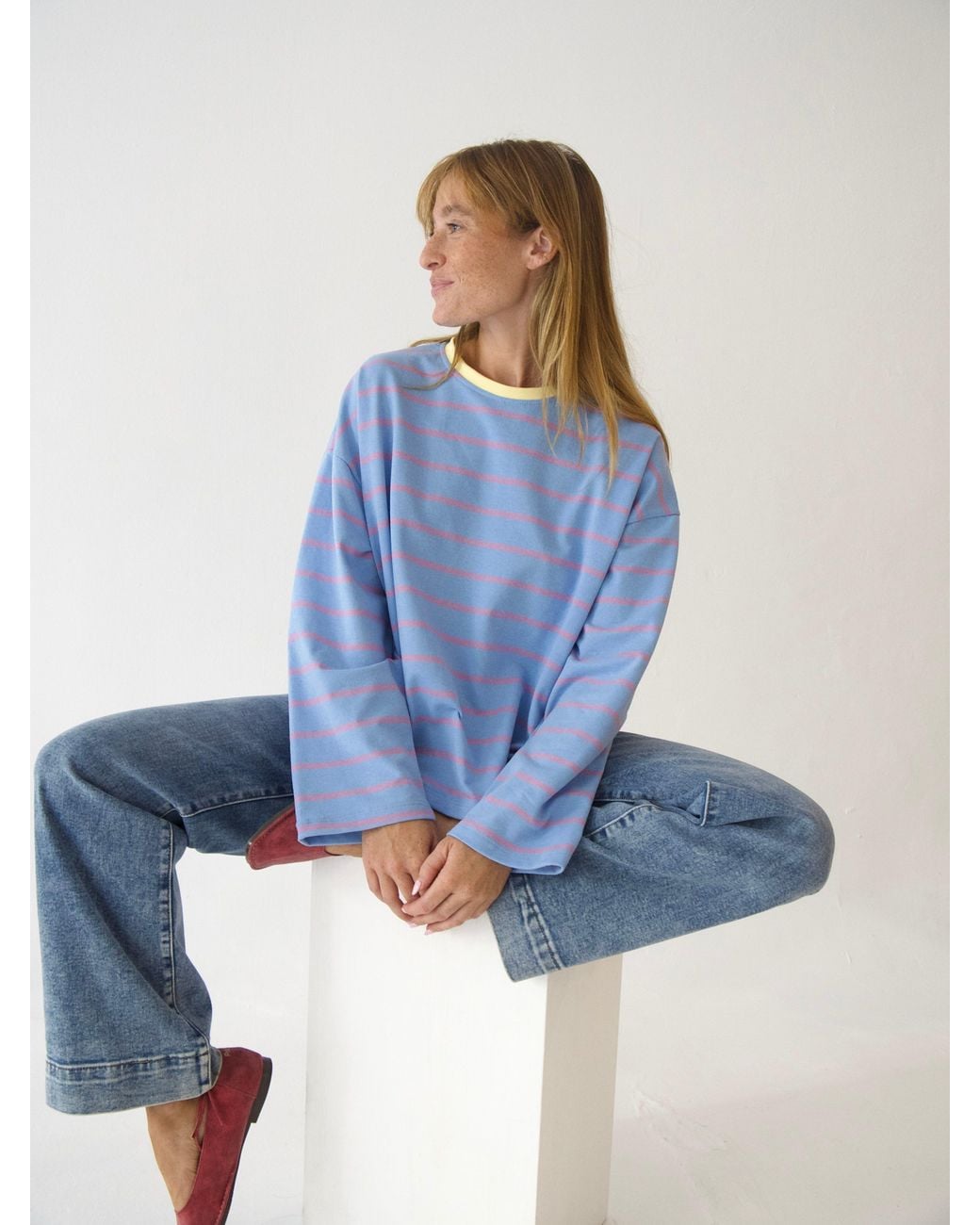 Mind Traveler Blue Light Striped Míriam Long Sleeve Top With Contrast Neck