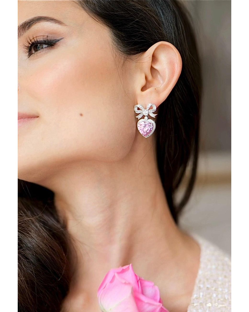 Santinni Pink Princess Bow & Crystal Heart Earrings