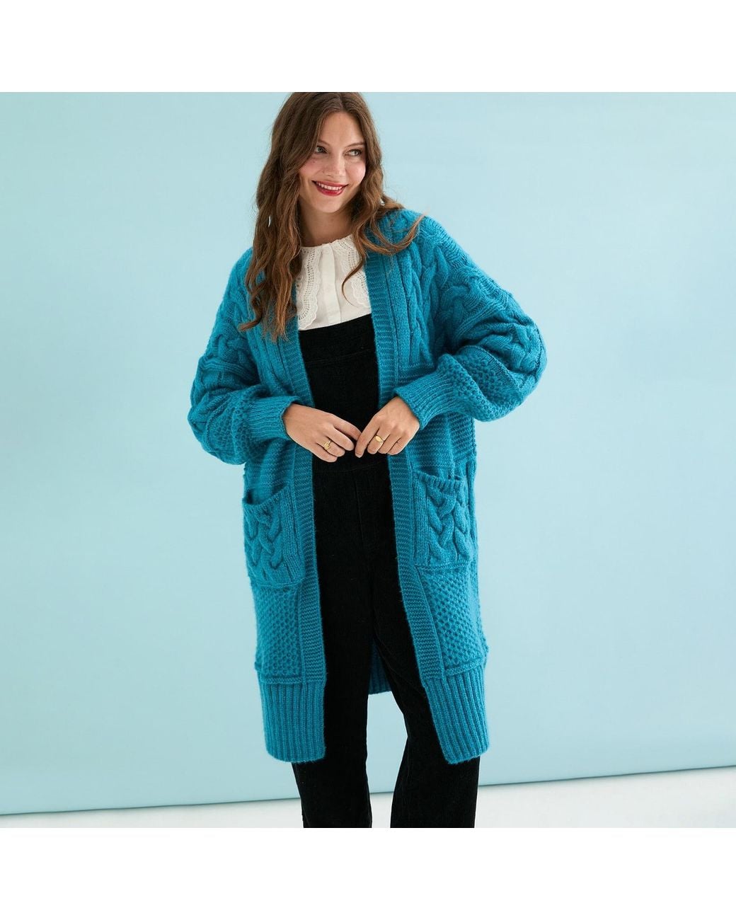 Cara & The Sky Blue Alex Balloon Sleeve Cable Maxi Cardigan