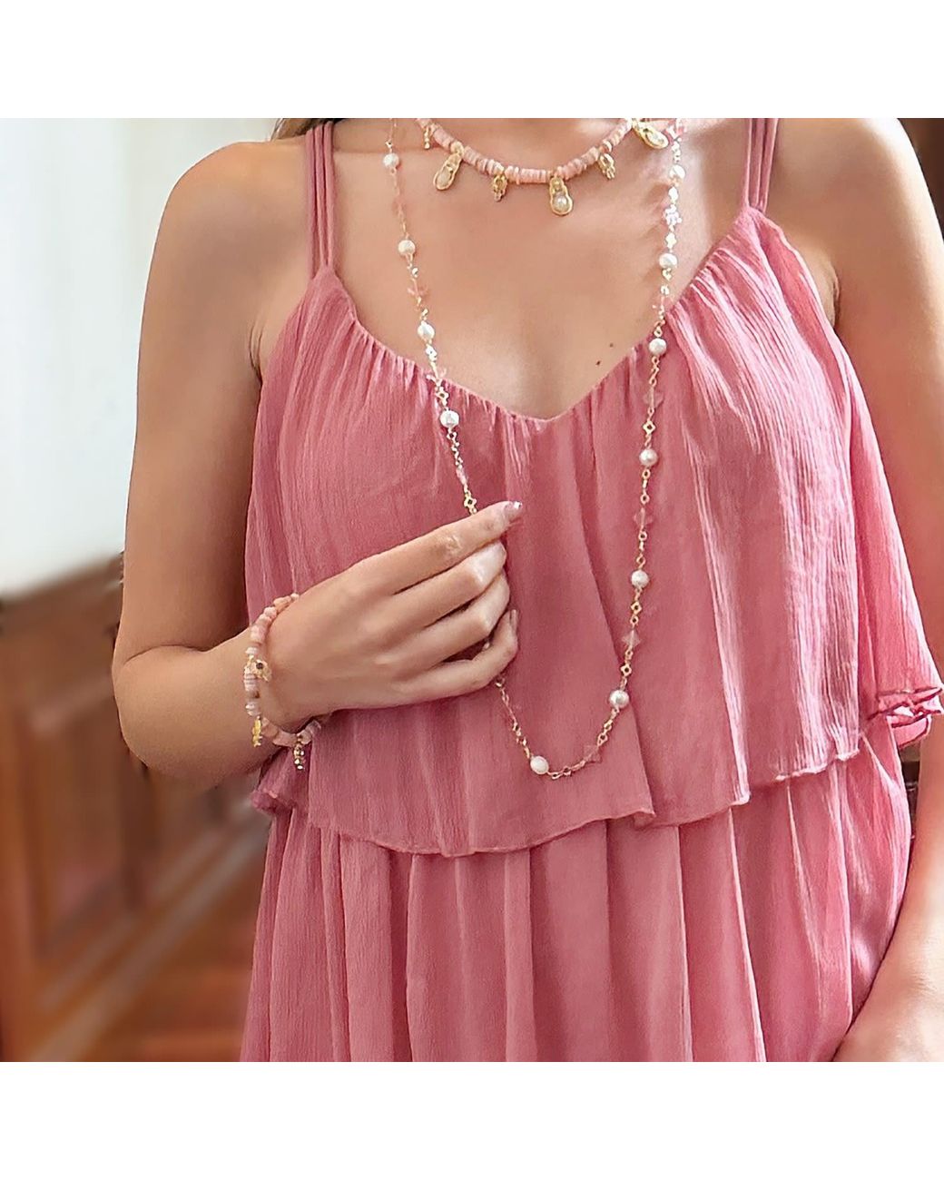 Farra Pink Bohemian Shell With Gemstone Charms Bracelet
