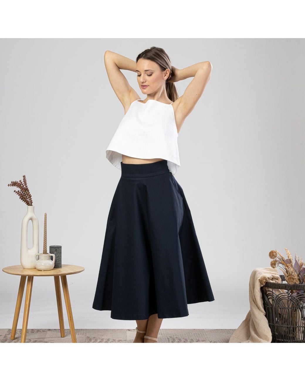 Nikka Place Blue Cotton Midi Flared Skirt With High Waist And Pockets