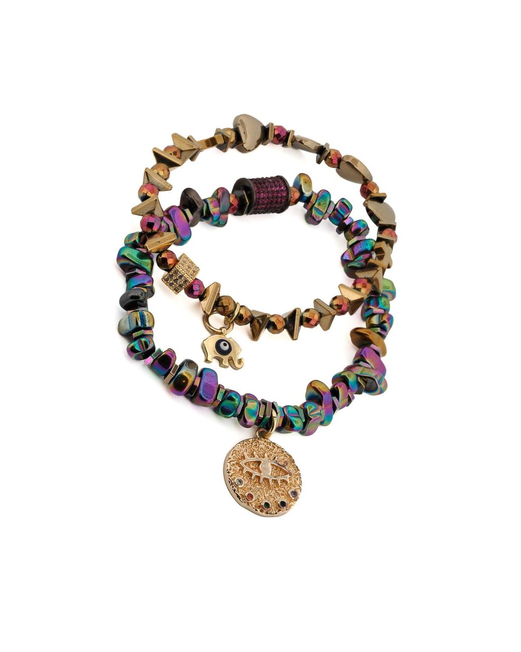 Ebru Jewelry Multicolor Hematite Stone Protective Evil Eye Lucky Elephant Bracelet Set