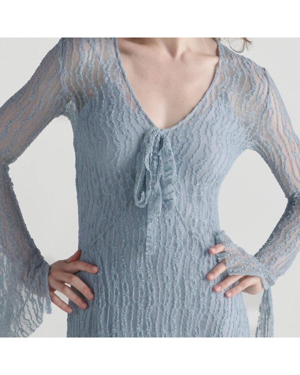 Belsize25 Blue Trumpet Dress Flared Sleeve Sheer Lace Knit Dress