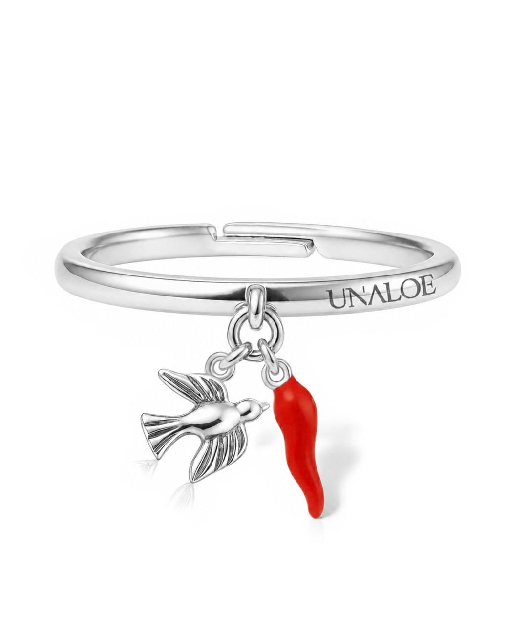 Unaloe White Adjustable Sterling Italian Horn And Dove Charm Ring