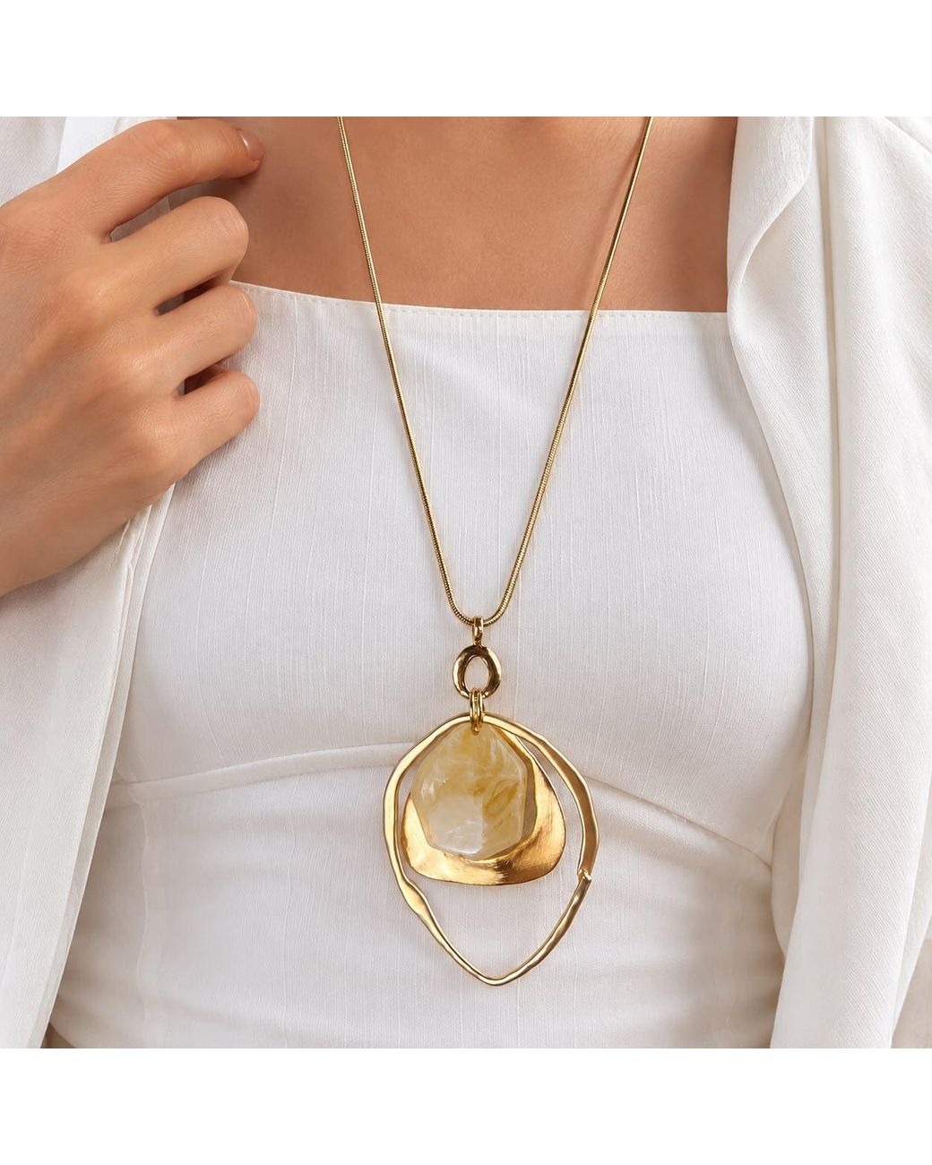 By Ozge Metallic Mother Of Pearl Plated Long Sculptural Statement Pendant Necklace
