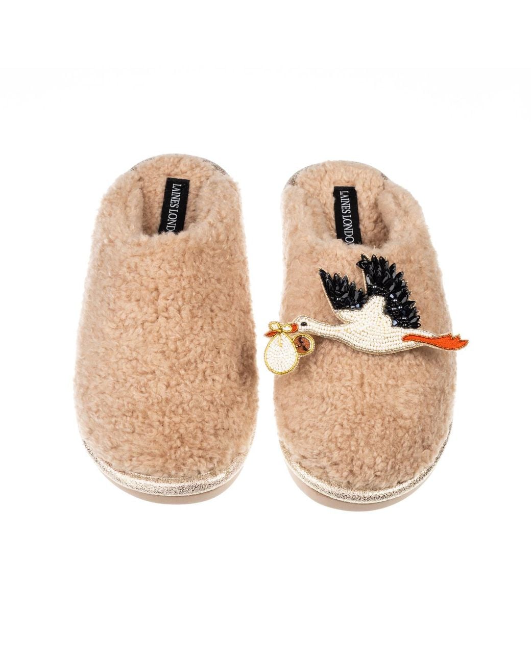 Laines London Natural Neutrals Toffee Teddy Closed Toe Slippers With New Baby Stork Brooches