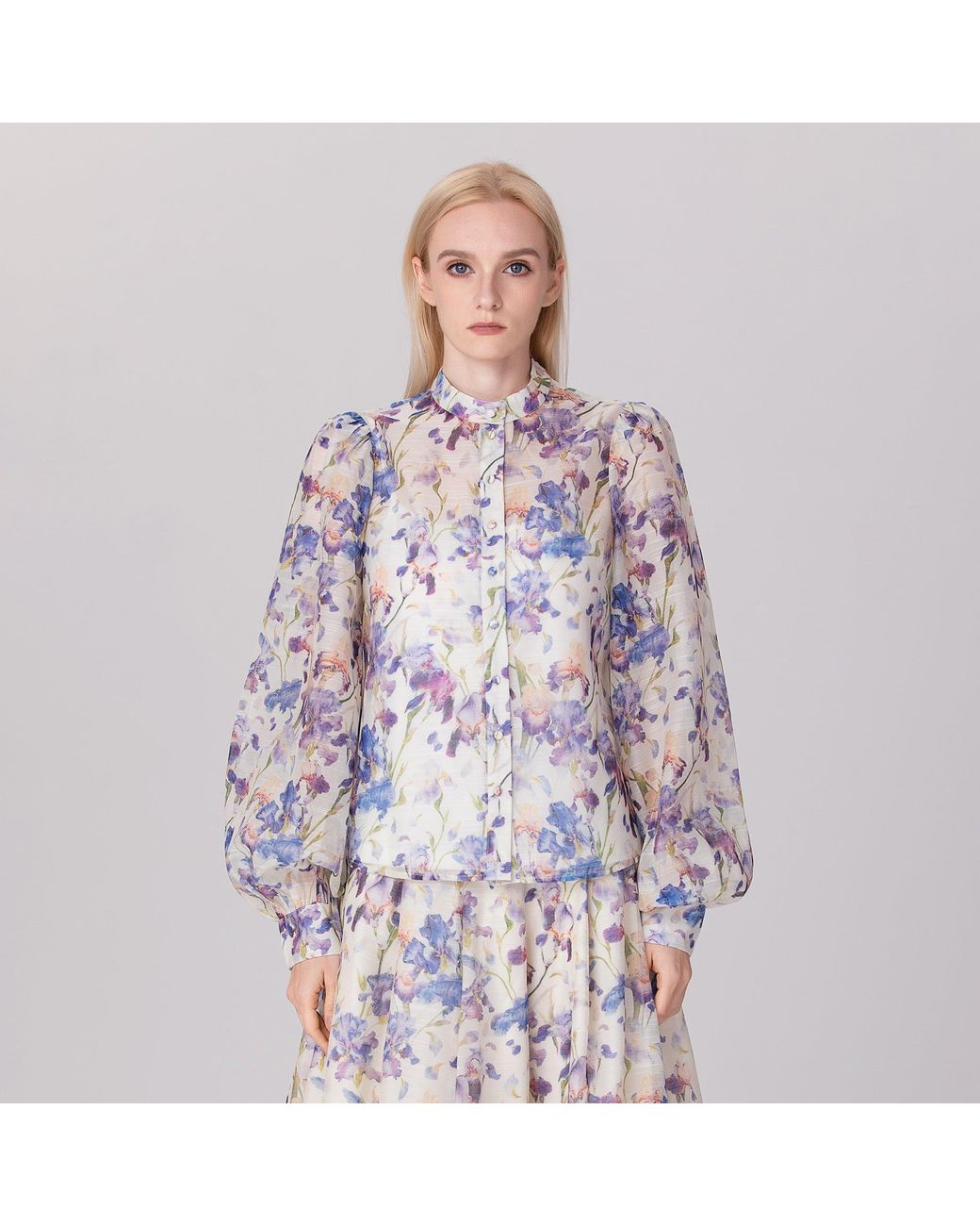 Smart and Joy Multicolor Neutrals Flower Print Long Sleeve Organza Shirt