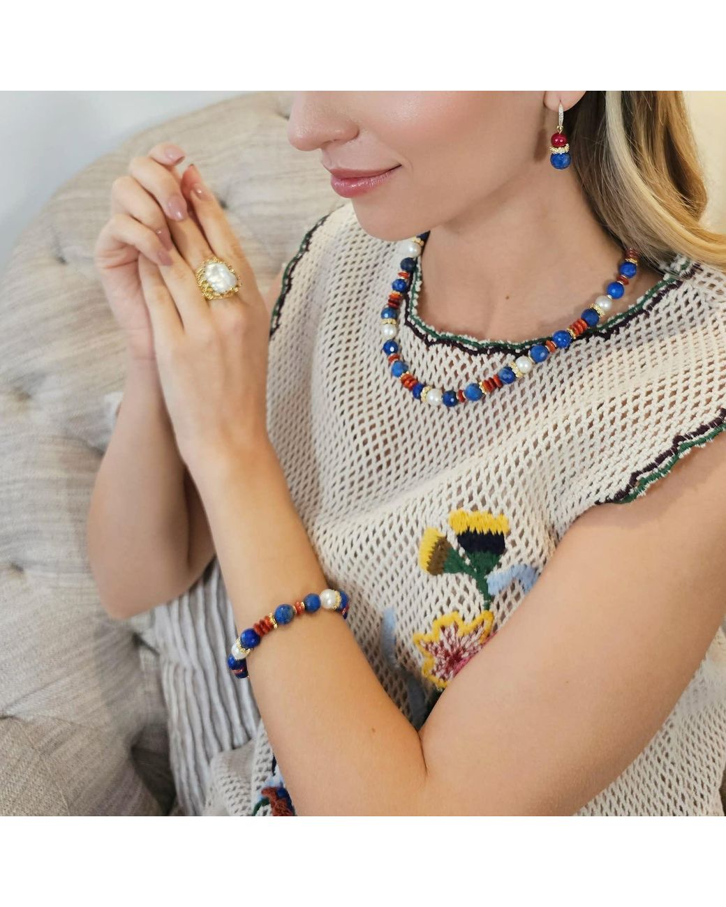 Farra Blue Lapis Bamboo Coral And Pearl Adjustable Slider Bracelet