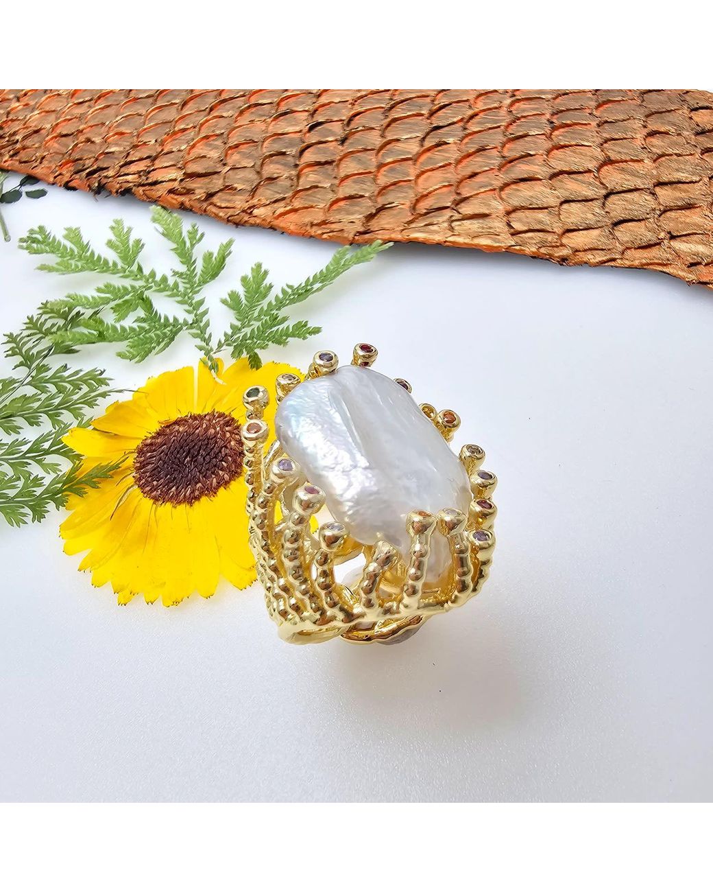 Farra Metallic Flat Baroque Pearl With Colorful Zircon Cocktail Ring